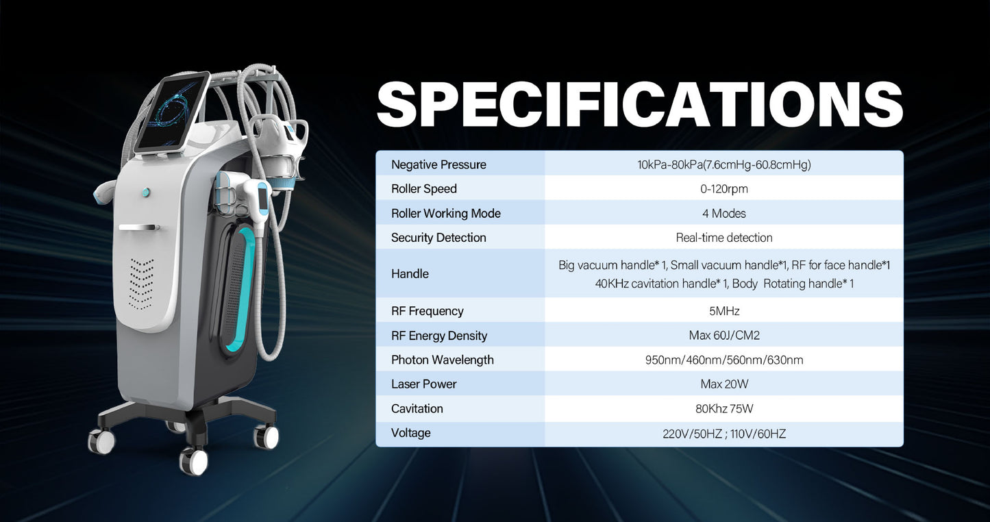 DermaSculpt 6 în 1 – Aparat profesional pentru remodelare corporală și rejuvenare facială (Vacuum Endermologic, Roller, RF, IR, Cavitație, Masaj
