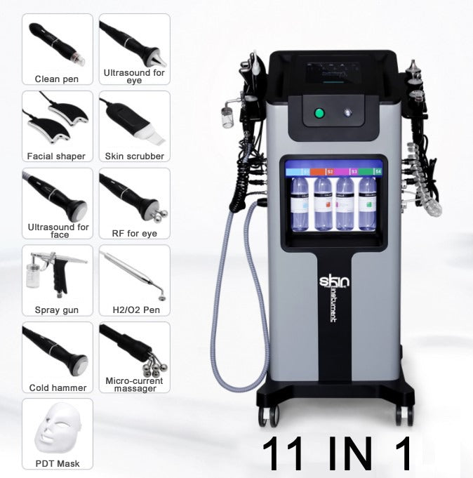 Combina Hidrafacial - Aparat curatare faciala - 11 in 1, Biolifting, Ultrasunete, Skin Scrubber, Oxigen Hiperbaric, Termosoc, Ultrasunete Ochi, Radiofrecventa, Radiofrecventa ochi, Masca Led, H2 O2 Jet, Hidrodermabraziune