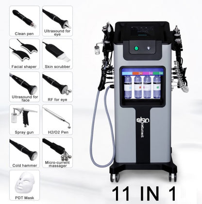 Combina Hidrafacial - Aparat curatare faciala - 11 in 1, Biolifting, Ultrasunete, Skin Scrubber, Oxigen Hiperbaric, Termosoc, Ultrasunete Ochi, Radiofrecventa, Radiofrecventa ochi, Masca Led, H2 O2 Jet, Hidrodermabraziune