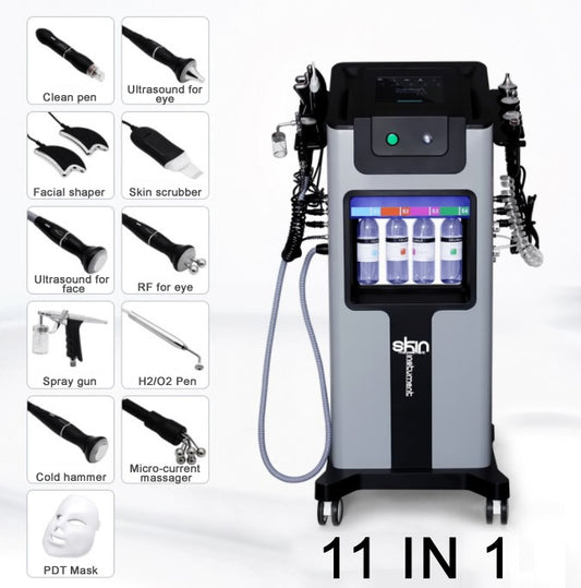 Combina Hidrafacial - Aparat curatare faciala - 11 in 1, Biolifting, Ultrasunete, Skin Scrubber, Oxigen Hiperbaric, Termosoc, Ultrasunete Ochi, Radiofrecventa, Radiofrecventa ochi, Masca Led, H2 O2 Jet, Hidrodermabraziune