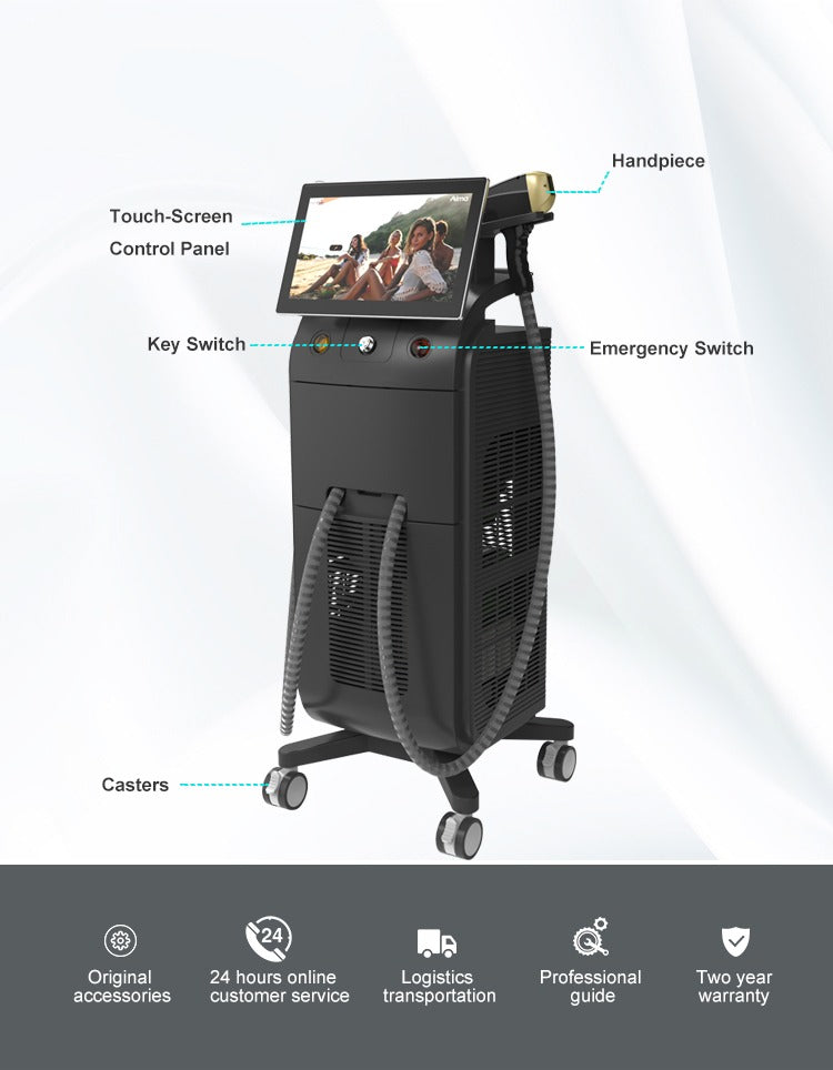 Aparat Profesional pentru Epilare Definitiva cu Dioda Laser, 4 lungimi de unda 755nm+808nm+940nm+1064nm, ProLaser, 3500W, cu doi manipuli.