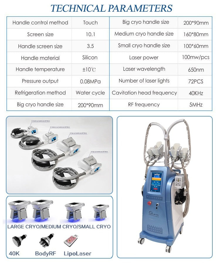 Aparat Profesional de Criolipoliza, LipoLaser, Cavitatie si Radiofrecventa MultiCryogen cu 2 capete de Criolipoliza