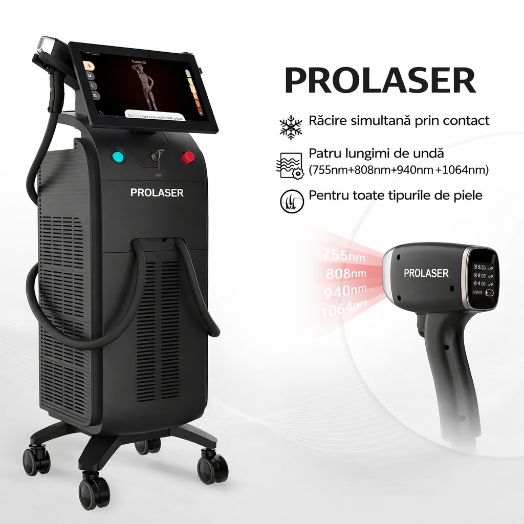 Aparat Profesional pentru Epilare Definitiva cu Dioda Laser, 4 lungimi de unda 755nm+808nm+940nm+1064nm, Manipuli cu Display Digital, 5 Capete Detasabile, 100 milioane impulsuri, ProLaser, 3500W, cu doi manipuli