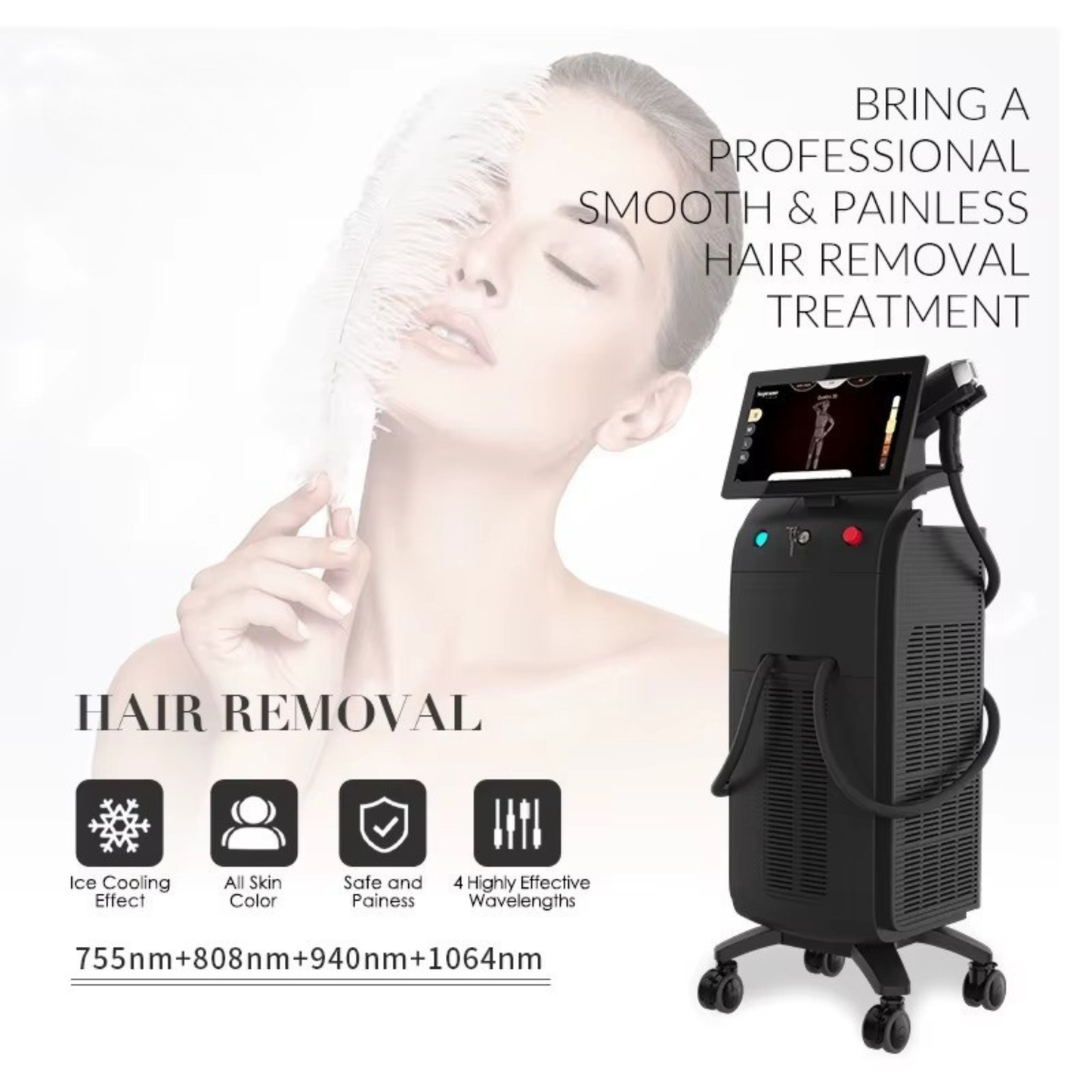 Aparat Profesional pentru Epilare Definitiva cu Dioda Laser, 4 lungimi de unda 755nm+808nm+940nm+1064nm, ProLaser, 3500W, cu doi manipuli