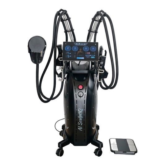 Aparat Stimulare Musculara Electromagnetica AI SculptIQ cu 4 capete si Analizator Corporal AI - vedere frontală