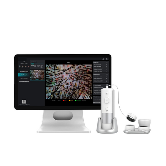 FollicaView Pro: monitor cu software-ul de analiză, sonda în suport și cele 4 lentile