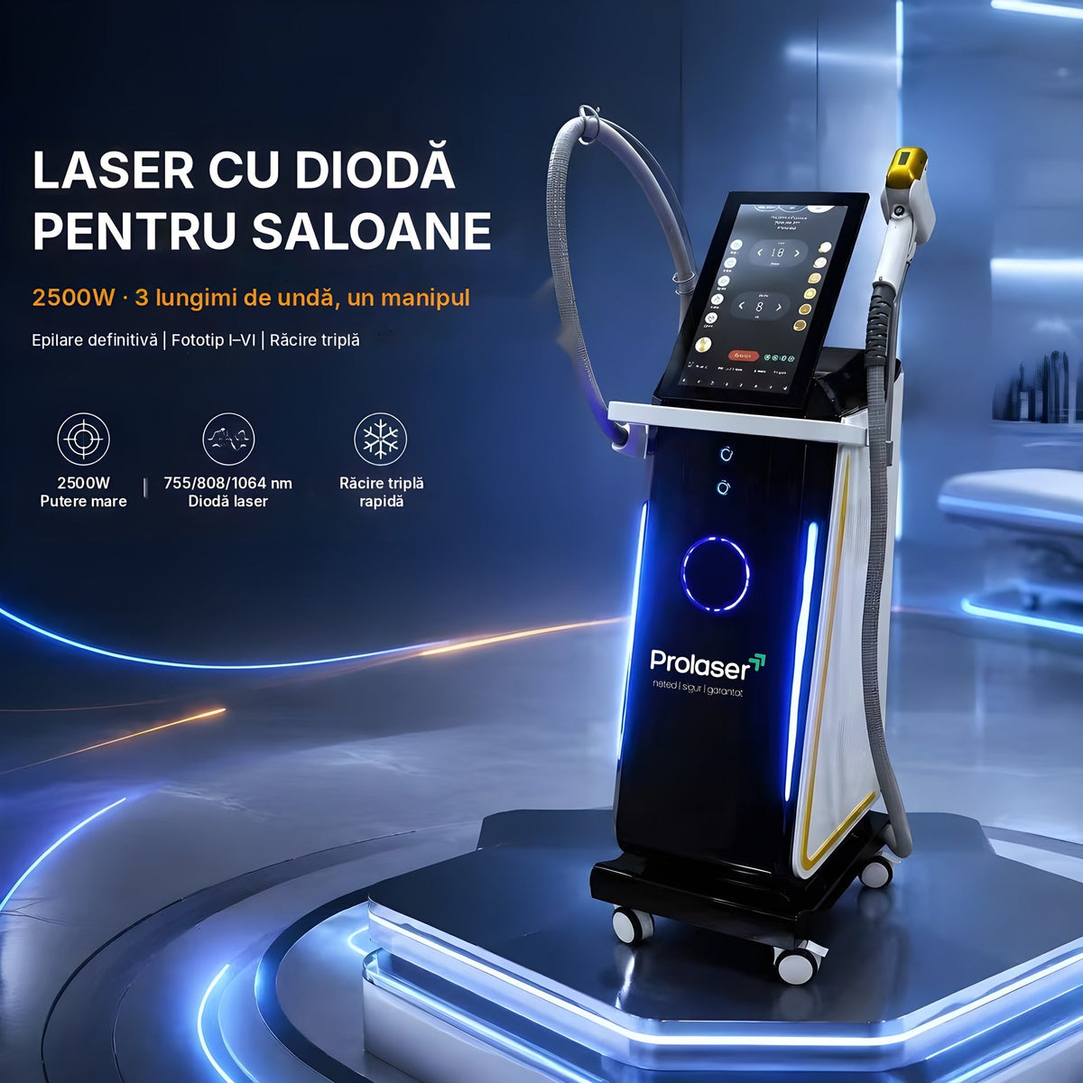 ProLaser 2500W, laser cu diodă pentru saloane, cu 3 lungimi de undă și un manipul