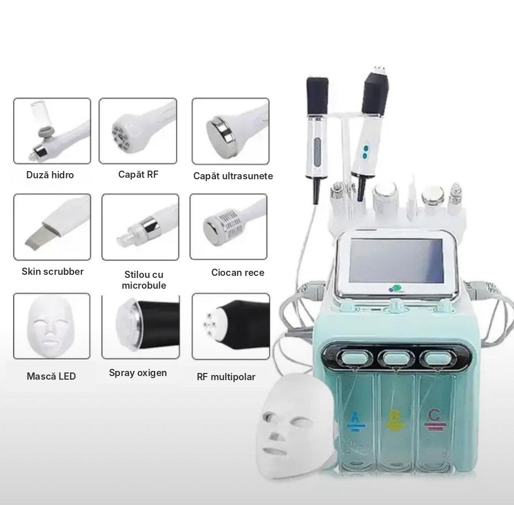 Combina cosmetică Hidroxi 9 în 1 cu capetele de lucru: duză hidro, RF, ultrasunete, skin scrubber, ciocan rece, mască LED, spray oxigen și RF multipolar
