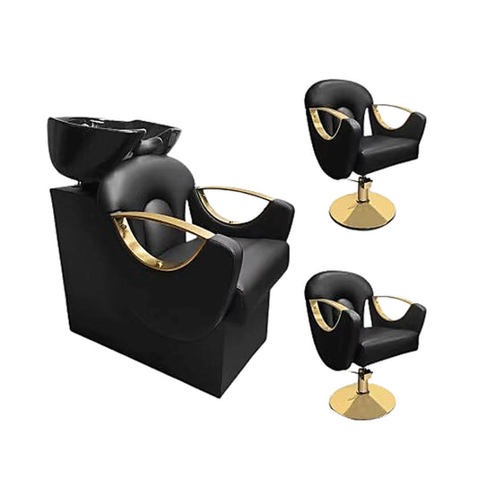Pachet Unitate de Spalare Neagra, Goldie, Chiuveta Ceramica si Toate Accesoriile Incluse si 2 Scaune Coafor Goldie.